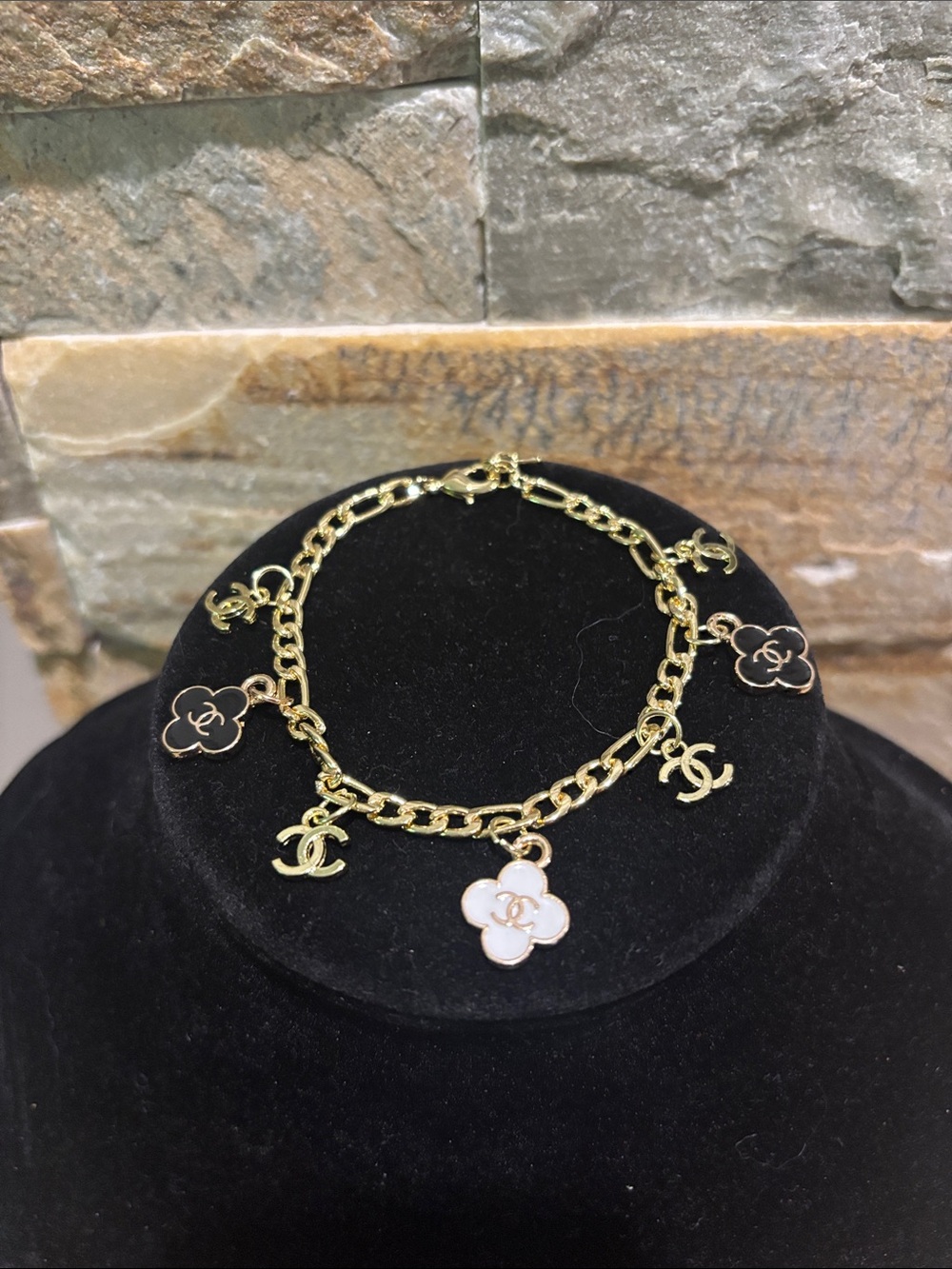 Gold-Tone CC & Camellia Charm Bracelet with White and Black Enamel
